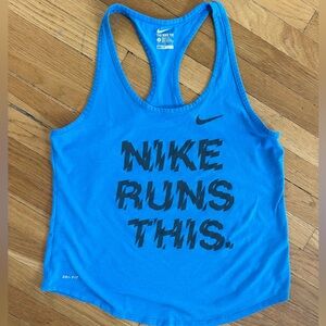 Nike Dri-FIT “Nike Runs This” Graphic Racerback Tank Blue Athletic Workout Top L